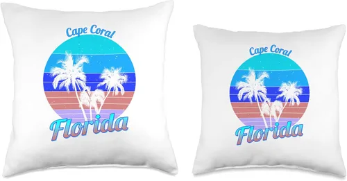 Vista 3 de Cape Coral Florida Retro Tropical Palm Trees Vacation Throw Pillow
