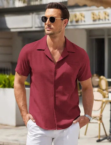 Vista 4 de COOFANDY Men Linen Shirts Beach Cuban Collar Shirts Summer Wedding Shirts Vacation Holiday