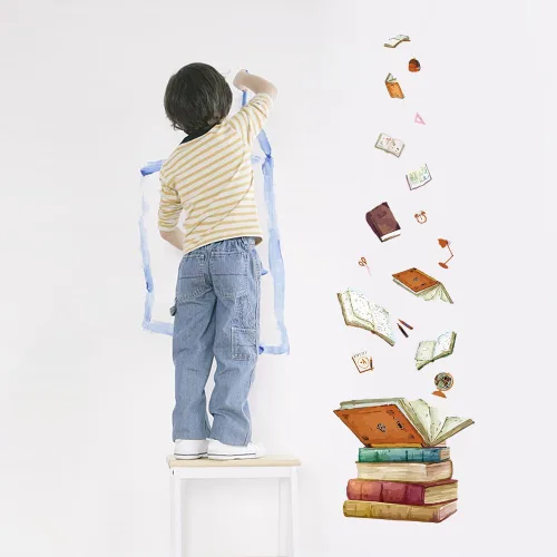Vista 4 de SUPERDANT Calcomanías de pared de libro mágico con libro volador, tijeras para dormitorio, mural de pared, regla, decoración de globo