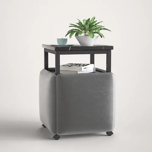 Vista 8 de Mesa de comedor combinada 5 en 1 con 4 taburetes, mesa auxiliar anidable que ahorra espacio, taburete otomano apilable, reposapiés, sofá y mesa