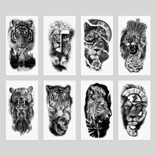 Vista 6 de 8 hojas de calcomanías temporales para tatuajes temporales de pierna de brazo de león del bosque, Jesús, cráneo, cráneo, rosa, corona de rosas