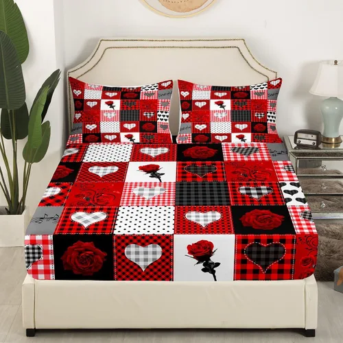 Vista 3 de Juego de sábanas femeninas de flores de rosas rojas, tamaño individual, juego de ropa de cama para el día de San Valentín, decoración de habitación