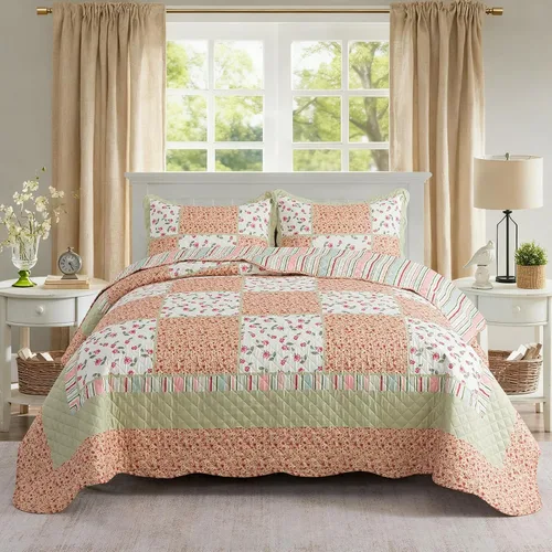 Vista 22 de NEWLAKE Juego de colchas tamaño queen, conjunto de colcha de algodón con diseño de retazos en colores azul y negro con patrones a cuadros, colcha