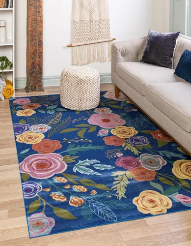 Vista 14 de Unique Loom Blossom Collection Ashley - Alfombra rectangular de 9 x 12 pies, color marfil y azul claro