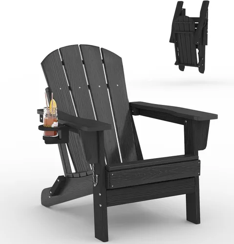 Vista 22 de Juego de 2 sillas Adirondack plegables HDPE con mesa auxiliar, color negro