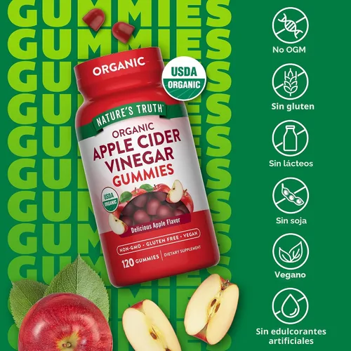 Vista 3 de Nature's Truth Gomitas orgánicas de vinagre de sidra de manzana 120 unidades Suplemento vegano, sin gluten y sin OMG USDA Orgánico Sabor a
