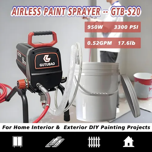 Vista 4 de S20 - Pulverizador de pintura sin aire, 0.52 GPM 3300 PSI, pulverizador sin aire de alta eficiencia con extensión de punta y juegos de puntas