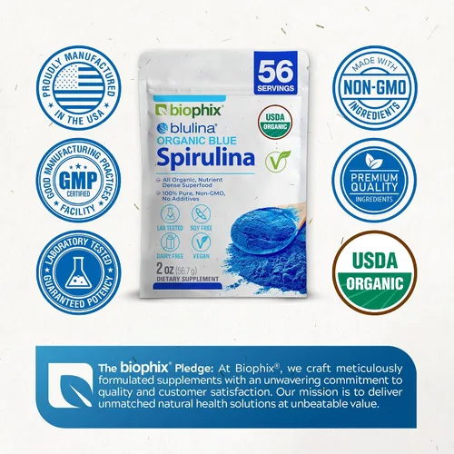 Vista 4 de biophix Blue Spirulina en polvo orgánico Blulina 2 onzas – Algas espirulina orgánica en polvo 56 porciones – Suplemento superalimenticio – Pigmento