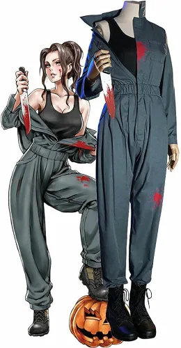 Vista 7 de LILLIWEEN Disfraz de Michael Myers para hombre, disfraz de Halloween para hombre, overol con cremallera frontal y accesorios de cuchillo