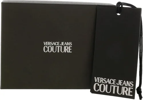 Vista 6 de Versace Jeans Couture Tarjetero de cuero barroco de cuero negro con patrón de cepillo para hombre, Negro Oro