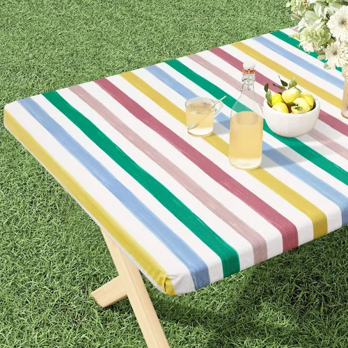 Vista 11 de misaya Mantel rectangular de vinilo, mantel ajustable, 100% impermeable, borde elástico, reverso de franela, mantel de plástico para mesas plegables