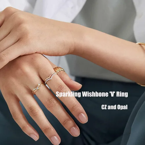 Vista 2 de PLOMFOV Juego de 9 anillos apilables con placa de oro de 14 quilates para mujer, anillos de circonita cúbica de ópalo en V, anillos delgados