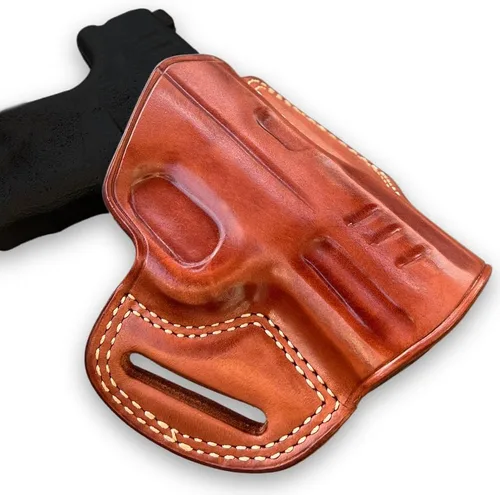 Vista 2 de Premium The Ultimate - Funda de piel para cinturón OWB para panqueques, parte superior abierta, se adapta a Hellcat Pro Compact de 3.7 pulgadas.