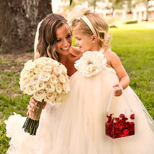 Vista 5 de Cesta de flores para niña, cesta de boda, cesta de pétalos con cinta de acrílico para confeti (perla)