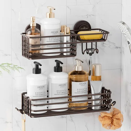 Vista 9 de LEVERLOC Cesta de ducha con ventosa, cesta de ducha con ganchos y jabonera para baño, organizador de ducha para baño sin necesidad de taladrar