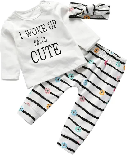 Vista 2 de KuKitty Conjunto de 3 piezas de camiseta de manga larga y pantalones de flores con diadema