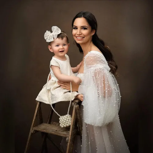 Vista 2 de yinyyinhs Vestido de maternidad de tul con perlas para sesión de fotos, manga larga hinchada, hombros descubiertos, vestido de maternidad para baby