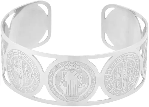 Vista 2 de My Daily Styles - Brazalete de acero inoxidable con cruz de San Benito religioso cristiano