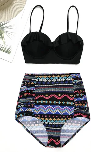 Vista 5 de Conjunto de bikini de mujer floral de cintura alta vintage Strappy Push Up traje de baño