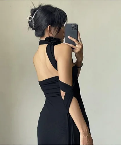 Vista 2 de Vestido de tubo sexy con volantes para mujer, vestido halter sin tirantes, con borlas florales irregulares