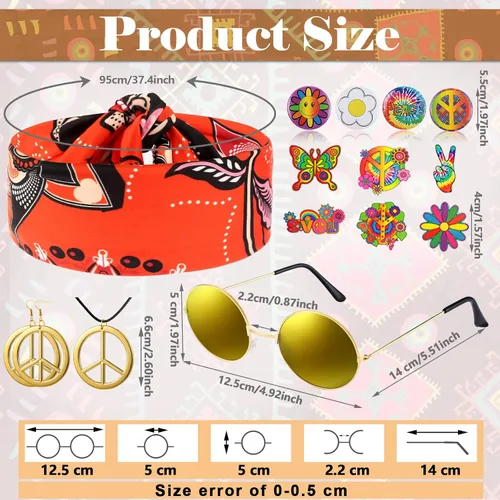 Vista 2 de Jiuguva Conjunto de 17 piezas de disfraz hippie de los años 60 y 70 para mujer, vestido de discoteca, pantalones bohemios, acampanados, camisa
