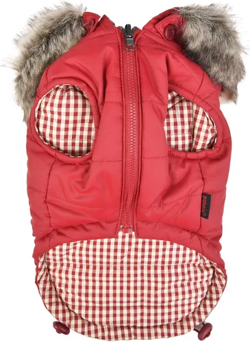 Vista 2 de Puppia Hollis - Abrigo de invierno reversible con capucha para perro, cálido, cómodo, a la moda para perros pequeños y medianos, rojo, talla S