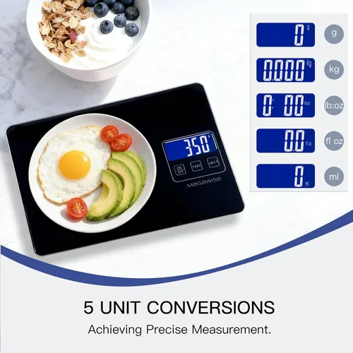 Vista 3 de MegaWise Báscula de precisión para alimentos, báscula digital recargable impermeable de 33 libras, graduación precisa de 0.04 onzas, peso gramos
