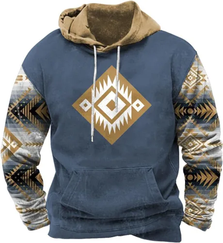 Vista 17 de HOTYD Western Cowboy Hooded Sweatshirt Vintage Aztec Pullover Men Casual Long Sleeve Drawstring Hoodies with Pocket