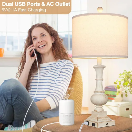 Vista 2 de 26" Farmhouse Table Lamp, Vintage Rustic Touch Control Bedside Lamp with 2 USB Ports & AC Outlet, Boho Resin 3-Way Dimmable Nightstand Lamp Linen