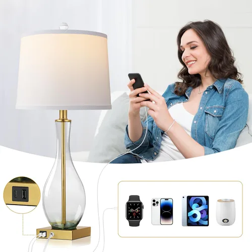 Vista 18 de Juego de 2 lámparas de mesa de cristal de 27 pulgadas con puertos USB, lámparas táctiles para mesita de noche 3-Way Dimmable,E26 Base, Bulbs