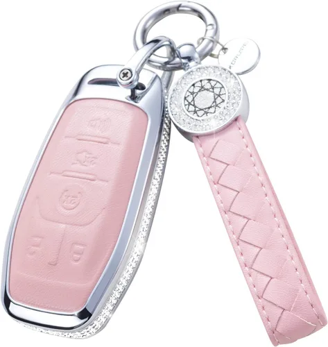 Vista 12 de Funda para llave inteligente con llavero, de piel auténtica color rosa, con cristales, carcasa protectora