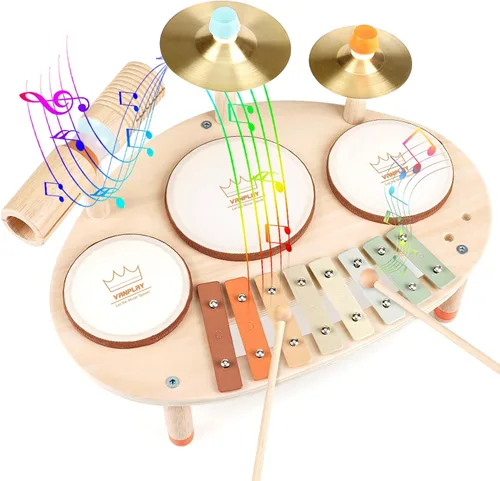 Vista 8 de Juego de batería para niños pequeños de 3 años en adelante, instrumentos musicales Montessori 8 en 1, juguetes musicales de madera para bebé