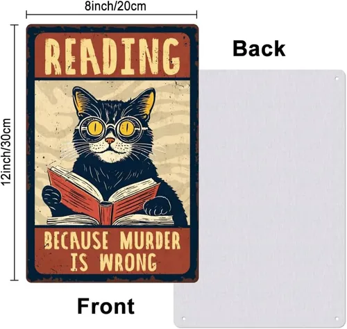 Vista 2 de 1 letrero de metal vintage de 8 x 12 pulgadas con diseño de gato retro con texto en inglés "Reading Because Murder is Wrong", póster