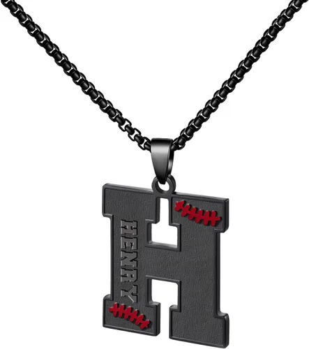 Vista 68 de Ldurian Collar personalizado con nombre de béisbol, cadena negra de acero inoxidable, collar con nombre deportivo, letra A-Z de 24 pulgadas, regalos