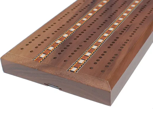Vista 4 de WE Games Juego de cuna de lujo, tablero de madera de nogal de 3 pistas con incrustaciones, clavijas de cuna de fácil agarre, tarjetas y bolsa