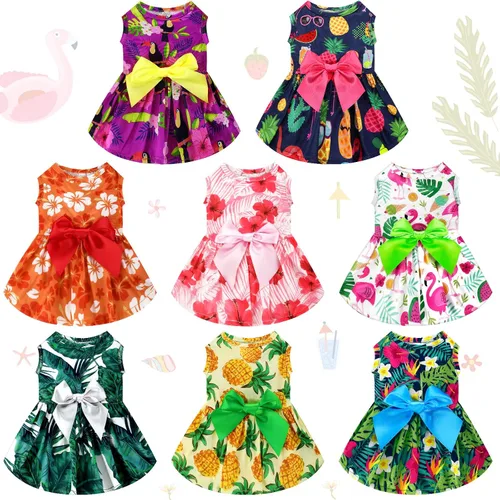 Vista 9 de LEIFIDE 8 piezas de vestidos de verano para perros hawaianos, diseño floral de flamenco, frutas, faldas para mascotas, vestidos de princesa hawaiana