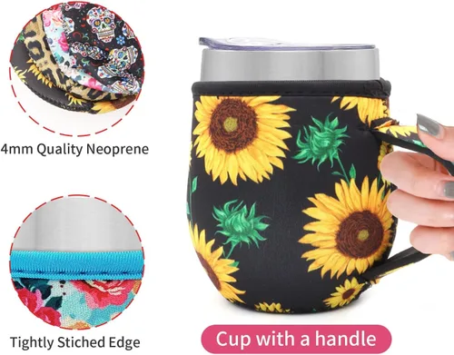 Vista 3 de Paquete de 4 fundas aisladas de neopreno reutilizables con asa para copa de vino sin tallo de 12 onzas, tarros Mason de boca regular de 16 onzas