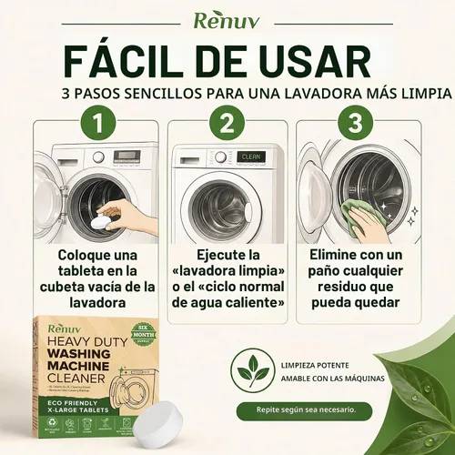 Vista 8 de Renuv - Tabletas de limpieza y descalcificación para lavadora de servicio pesado - para lavadora de carga frontal, carga superior, HE