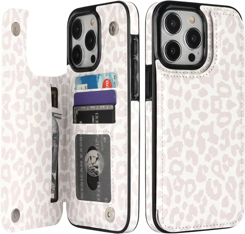 Vista 10 de HAOPINSH Funda tipo cartera para iPhone 15 Pro Max con tarjetero, diseño de leopardo negro y guepardo con tapa trasera, de piel sintética