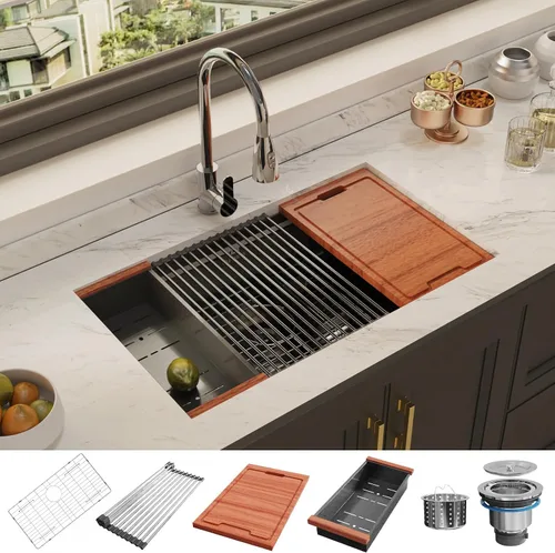 Vista 8 de Fregadero de cocina con estación de trabajo de montaje inferior de 27 pulgadas, fregadero de cocina de acero inoxidable calibre 16 con revestimiento