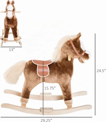 Vista 7 de Qaba Caballo Mecedor para Niños, Mecedora de Peluche para Niños Pequeños, Juguete Montable con Base de Madera y Agarre de Mango, Juguete Tradicional