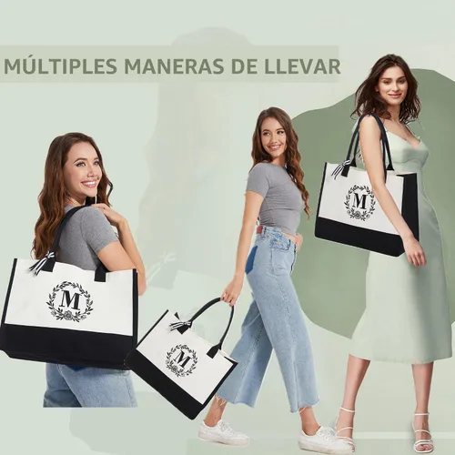 Vista 6 de BeeGreen - Bolsa de mano con monograma bordado inicial para mujer, profesora, mamá, amiga, regalo personalizado para cumpleaños, playa, boda