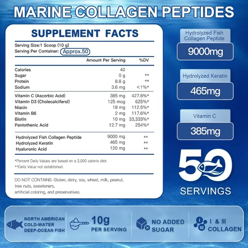 Vista 2 de ZEBORA Marine Collagen Peptides Powder - 50 porciones – Colágeno de pescado hidrolizado capturado en la naturaleza con ácido hialurónico, queratina