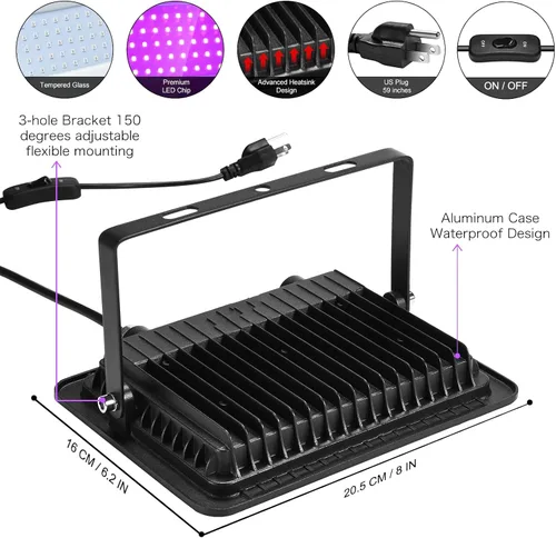 Vista 4 de XYCN Paquete de 2 focos LED de luz negra de 150 W, luz negra con enchufe, impermeable IP66 para fiesta brillante, Halloween, neón brillante