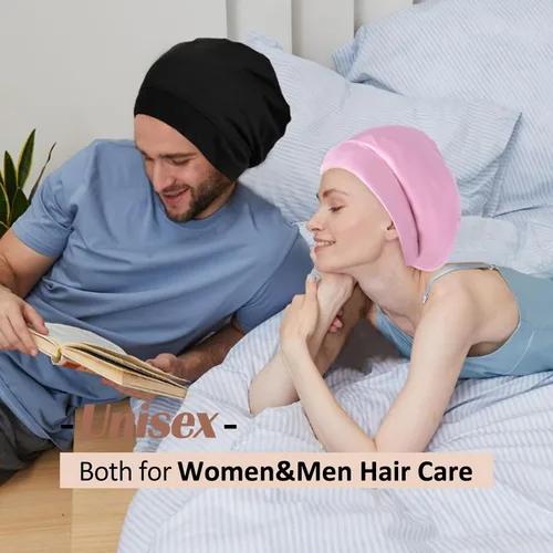 Vista 2 de Gorro de satén con forro de seda, cubierta ajustable para el cabello para mujeres y hombres, gorro de noche para el cuidado de pacientes