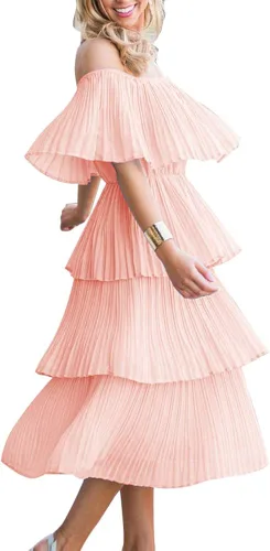 Vista 2 de ETCYY - Vestido largo de gasa para mujer estilo suelto y casual de verano con volantes y hombros descubiertos para fiesta o playa