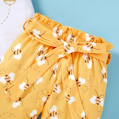 Vista 6 de Conjunto de ropa de abejorro con estampado de letras pantalones de miel y abejas con lazo diadema amarillo 2