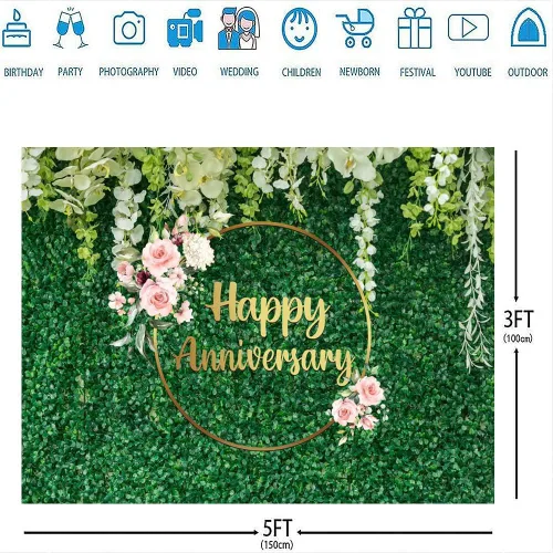 Vista 3 de Ticuenicoa Telón de fondo floral de 5 x 3 pies para pared de césped verde feliz aniversario para flores, amor, saludos a 10 años, 50 años