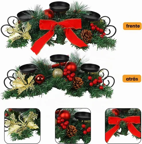 Vista 5 de MorTime - Portavelas de Navidad para centro de mesa, decoración de mesa de Navidad con lazo rojo, bayas, piñas, centro de mesa con base de acero