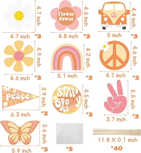 Vista 2 de 30 piezas de centros de mesa de fiesta estilo bohemio estilo hippie retro para mesas, arco iris, mariposa, margarita, flor, decoración